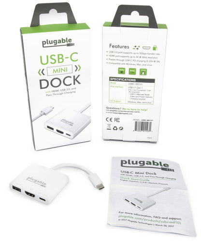 USBC-MD101 features: 5Gbps USB 3.0, 4K 30Hz HDMI, 5-20V 3A pass-through charging. Compatible with Windows, Mac, Linux.