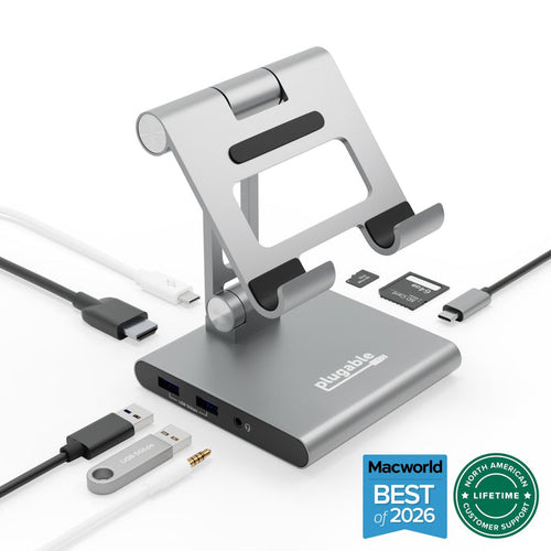 Plugable UDS-7IN1 USB-C hub stand with two 5Gbps USB ports, audio jack, SD and Micro SD slots, and HDMI connectivity.