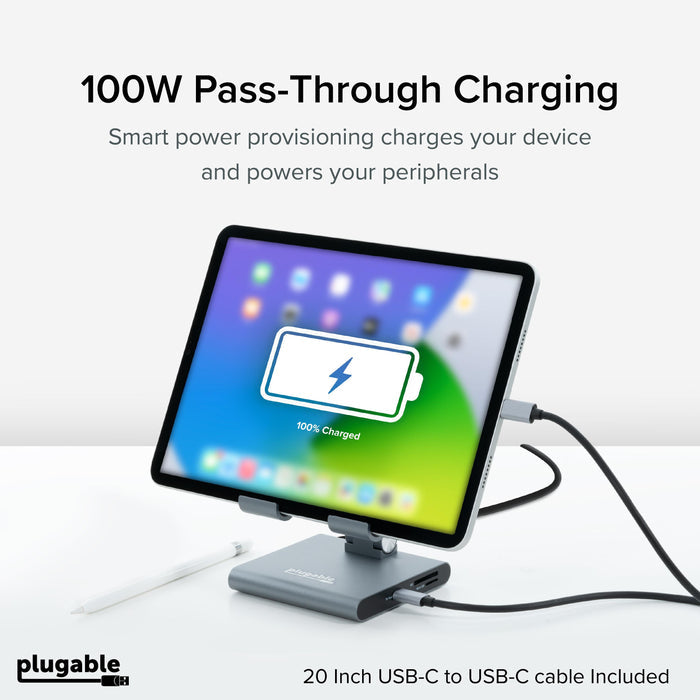 Plugable UDS-7IN1 supports 100W pass-through charging for connected devices and includes a 20-inch USB-C cable.