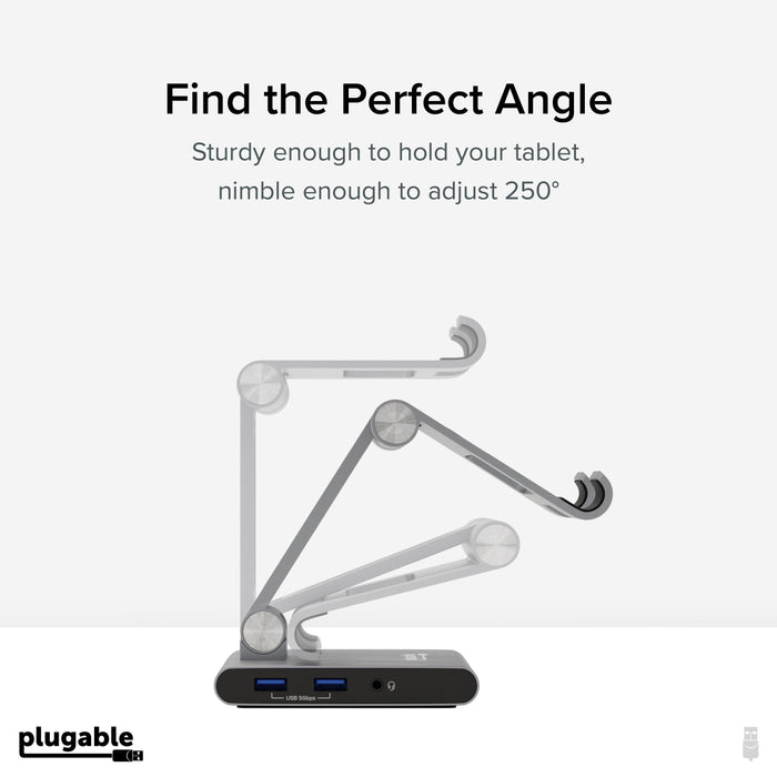 Plugable UDS-7IN1 tablet stand with 250-degree adjustable hinge, featuring two 5Gbps USB ports and audio jack.