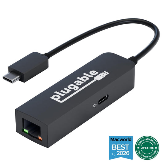 Plugable USB-C to 2.5Gb Ethernet adapter with USB-C Power Delivery port and integrated USB-C cable.