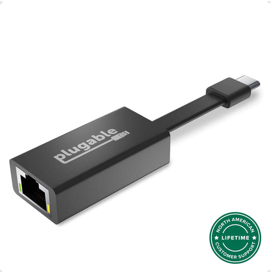 Plugable USB-C to Ethernet adapter with North American lifetime customer support badge.