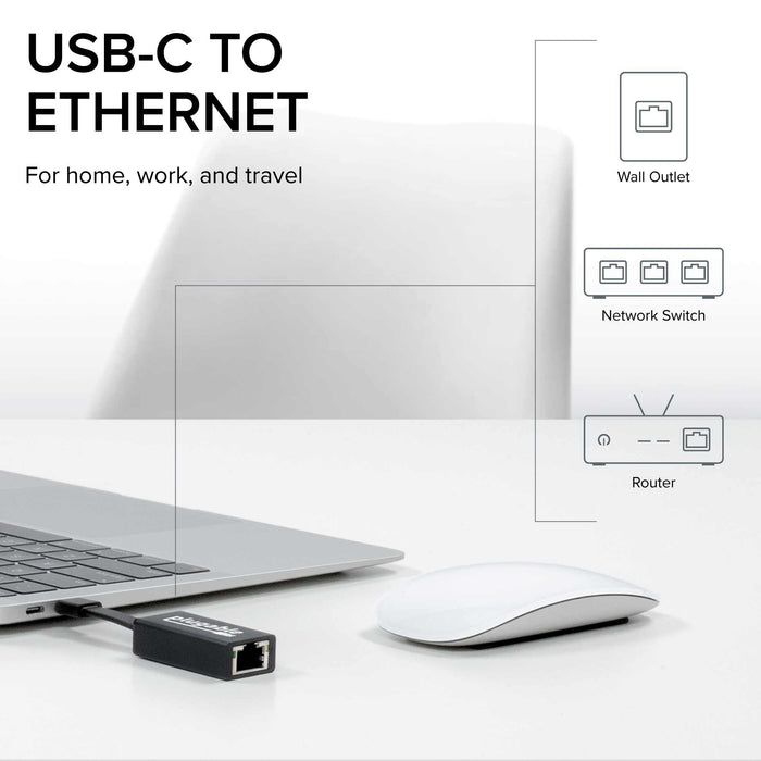 Plugable USB-C to Ethernet adapter connecting to wall outlet, network switch, or router.