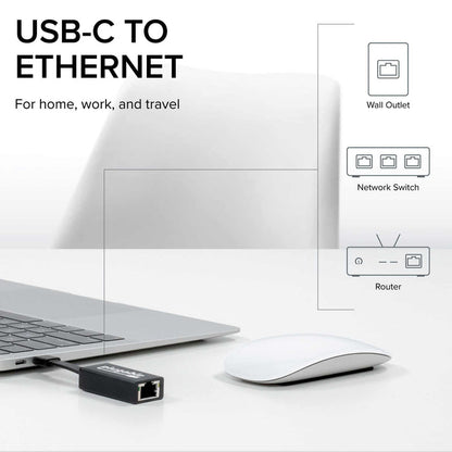 Plugable USB-C to Ethernet adapter connecting to wall outlet, network switch, or router.