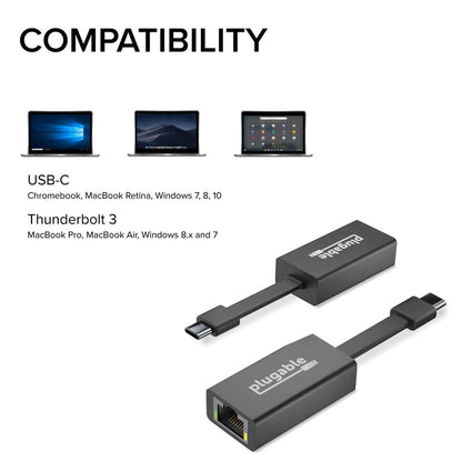 Compatibility chart: USB-C for Chromebook, MacBook Retina, Windows 7, 8, 10; Thunderbolt 3 for MacBook Pro, Air, Windows.