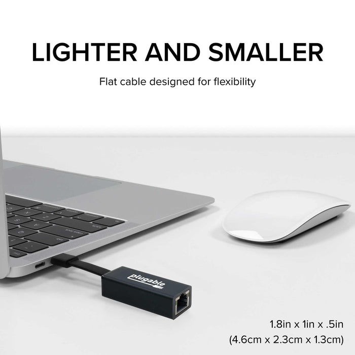 Plugable USBC-TE1000 adapter with flat cable, dimensions 1.8in x 1in x .5in (4.6cm x 2.3cm x 1.3cm).