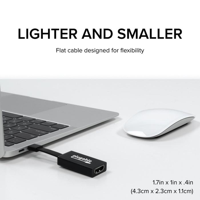 Plugable USB-C to HDMI adapter with flat, flexible cable. Dimensions: 1.7in x 1in x .4in (4.3cm x 2.3cm x 1.1cm).