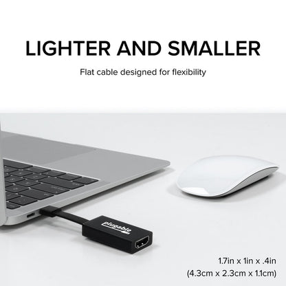 Plugable USB-C to HDMI adapter with flat, flexible cable. Dimensions: 1.7in x 1in x .4in (4.3cm x 2.3cm x 1.1cm).