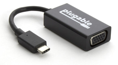 Plugable USB-C to VGA adapter with a USB-C male connector and a VGA female port.