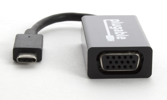 Plugable USBC-VGA adapter with USB-C male connector and VGA female port.