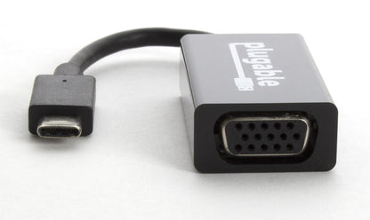 Plugable USBC-VGA adapter with USB-C male connector and VGA female port.