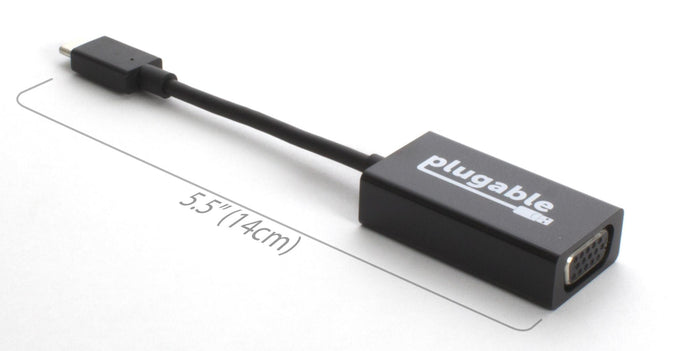 Plugable USB-C to VGA adapter with a total length of 5.5 inches (14 cm).