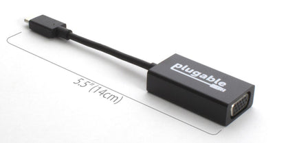 Plugable USB-C to VGA adapter with a total length of 5.5 inches (14 cm).