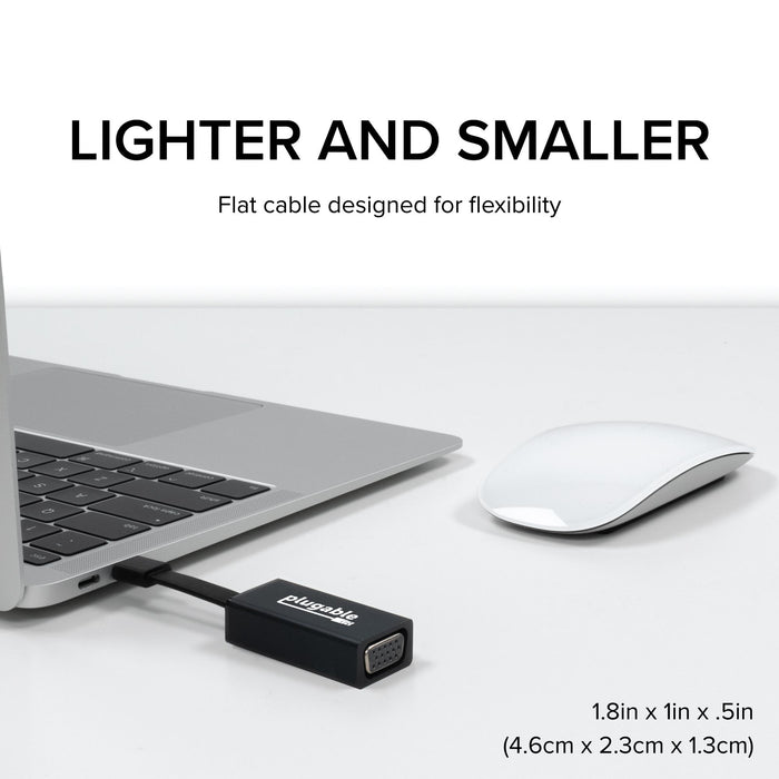 Plugable USBC-TVGA adapter with flat, flexible cable. Dimensions: 1.8in x 1in x .5in (4.6cm x 2.3cm x 1.3cm).
