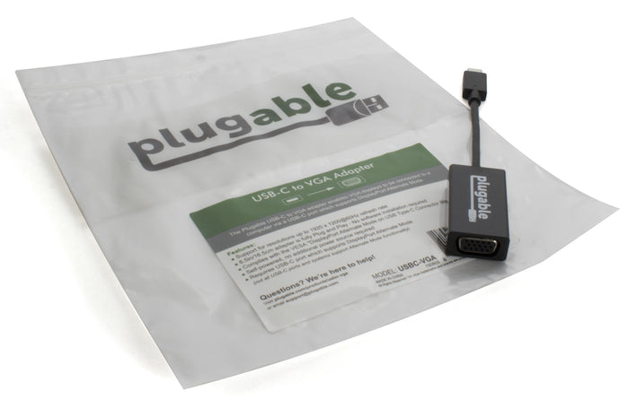 Plugable USBC-VGA adapter in packaging. Supports 1920x1200 at 60Hz, requires USB-C DisplayPort Alternate Mode.