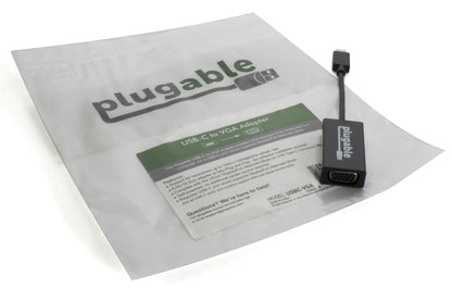 Plugable USBC-VGA adapter in packaging. Supports 1920x1200 at 60Hz, requires USB-C DisplayPort Alternate Mode.