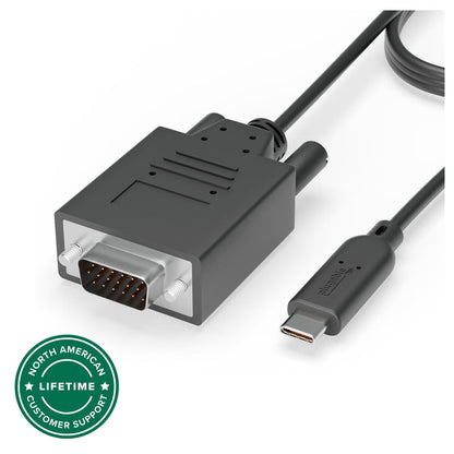 Plugable USBC-VGA-CABLE with USB-C connector and VGA male connector, featuring North American lifetime customer support.