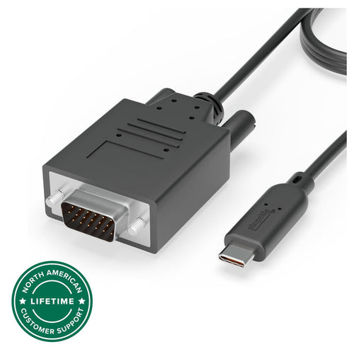 Plugable USBC-VGA-CABLE with USB-C connector and VGA male connector, featuring North American lifetime customer support.
