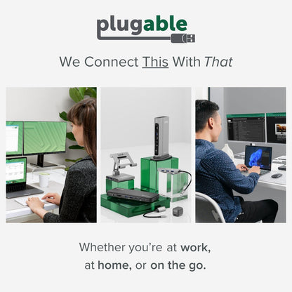 Plugable brand lifestyle graphic showing various docking stations, hubs, and adapters in home and office environments.