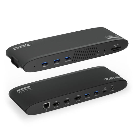 Plugable UD-3900PDH docking station front ports: 3x USB 5Gbps, audio, SD/microSD. Rear: Ethernet, 3x HDMI, 2x USB, 100W PD.