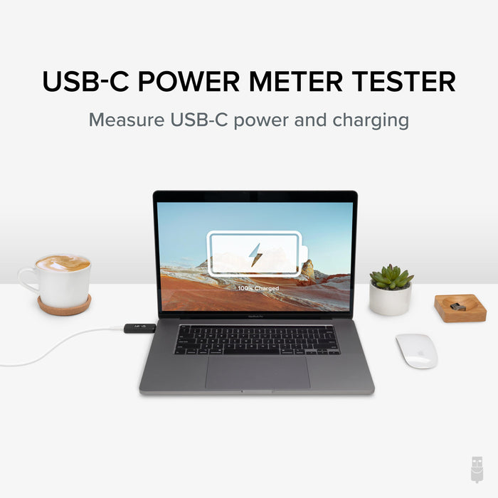 Plugable USBC-VAMETER USB-C power meter tester connected to a laptop to monitor charging status.