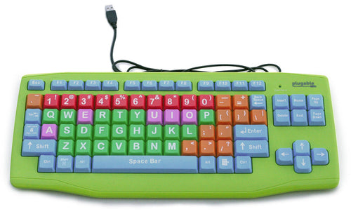 Plugable USB-EZK-G kids keyboard with color-coded, extra-large keys and a USB-A wired connection.