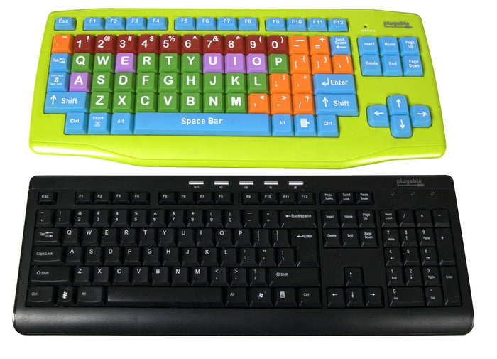 Plugable USB-EZK-G kids keyboard with color-coded keys shown above a standard black Plugable keyboard for size comparison.