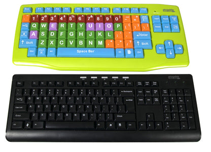 Plugable USB-EZK-G kids keyboard with color-coded keys shown above a standard black Plugable keyboard for size comparison.