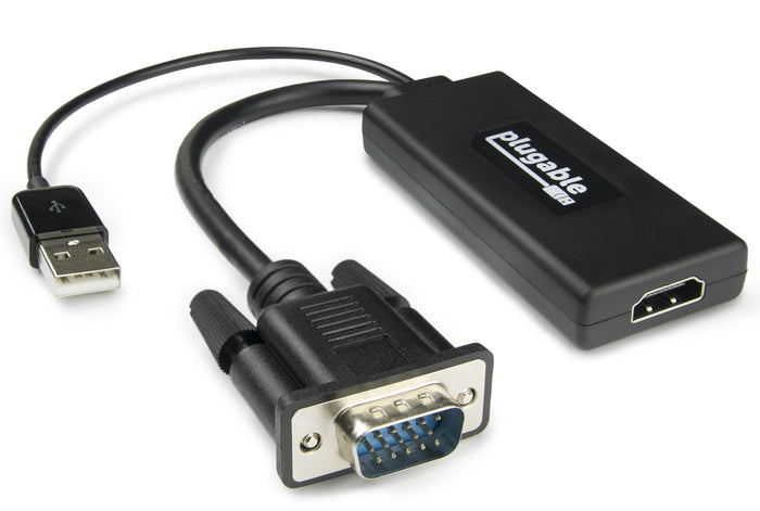 Plugable VGAM-HDMIF VGA to HDMI active adapter with integrated USB power cable.