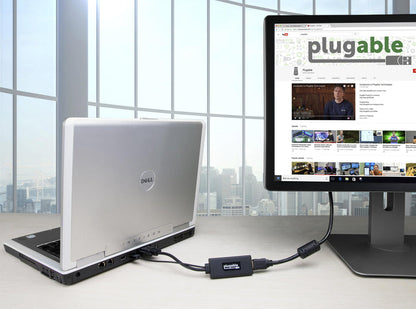Plugable VGAM-HDMIF VGA to HDMI active adapter connecting a laptop VGA port to an HDMI monitor.