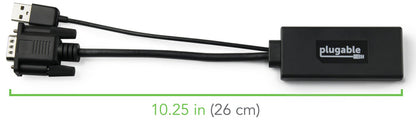 Plugable VGAM-HDMIF adapter with VGA and USB connectors, measuring 10.25 inches (26 cm) in total length.