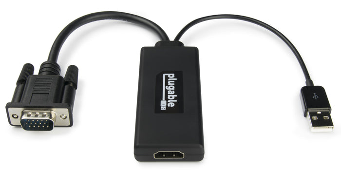 Plugable VGA to HDMI active adapter with integrated VGA input cable, USB power cable, and HDMI output port.