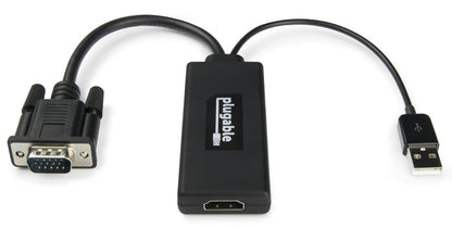Plugable VGA to HDMI active adapter with integrated VGA input cable, USB power cable, and HDMI output port.