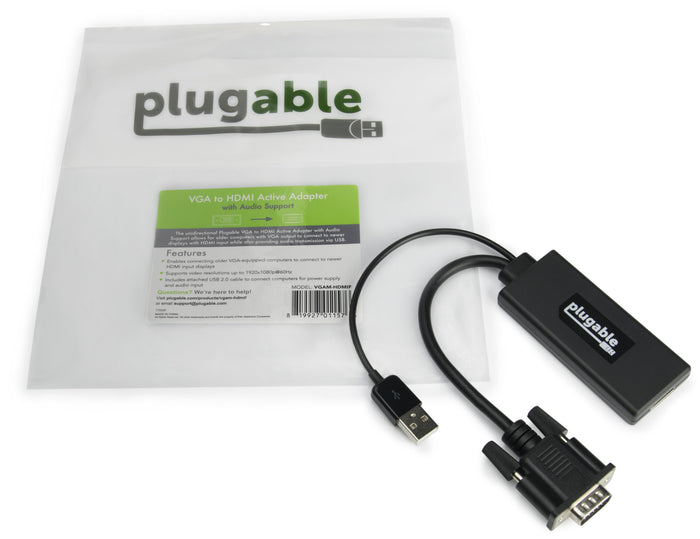 Plugable VGAM-HDMIF VGA to HDMI active adapter with audio support, 1920x1080p at 60Hz, includes USB 2.0 power cable.