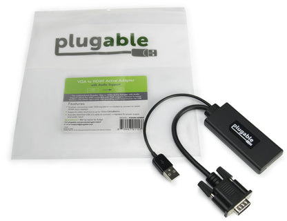 Plugable VGAM-HDMIF VGA to HDMI active adapter with audio support, 1920x1080p at 60Hz, includes USB 2.0 power cable.