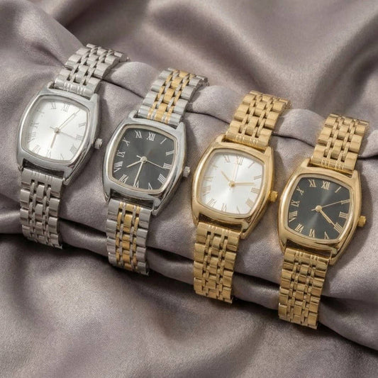Polished Metallic Band Bold Cushion Square Watch