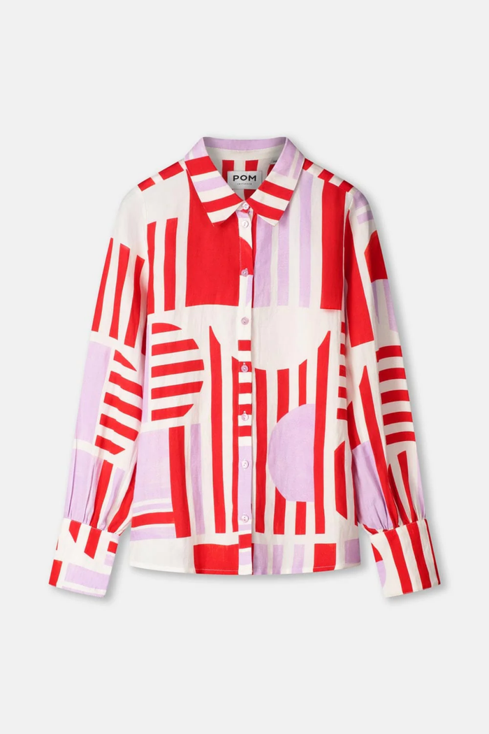 Pom Amsterdam SP9584 Sundeck Linen Blouse with bold red and lavender geometric print, long sleeves, and button front. Shop Pom Amsterdam at Dotique.