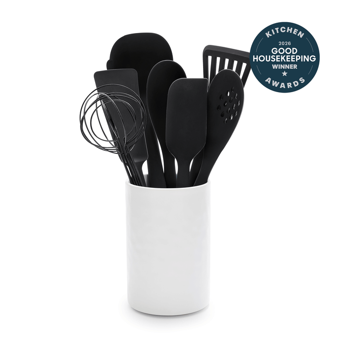 White crock with 8 black silicone kitchen utensils and a “2026 Good Housekeeping Kitchen Awards” badge visible.