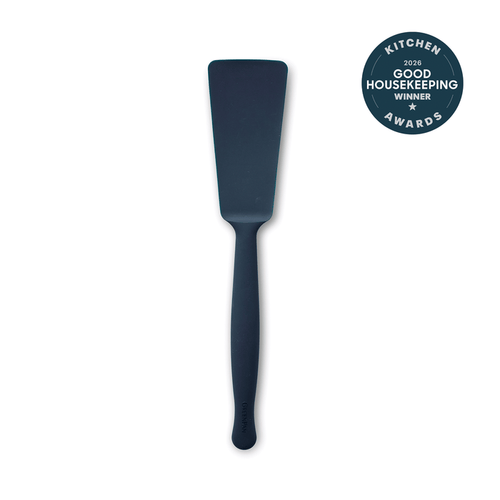 Blue silicone burger turner with a stainless steel handle, single piece.