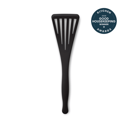 The Premiere Silicone Fish Turner | Black is shown upright on a white background, with a "2024 Good Housekeeping Kitchen Awards Winner" badge featured in the top right corner.