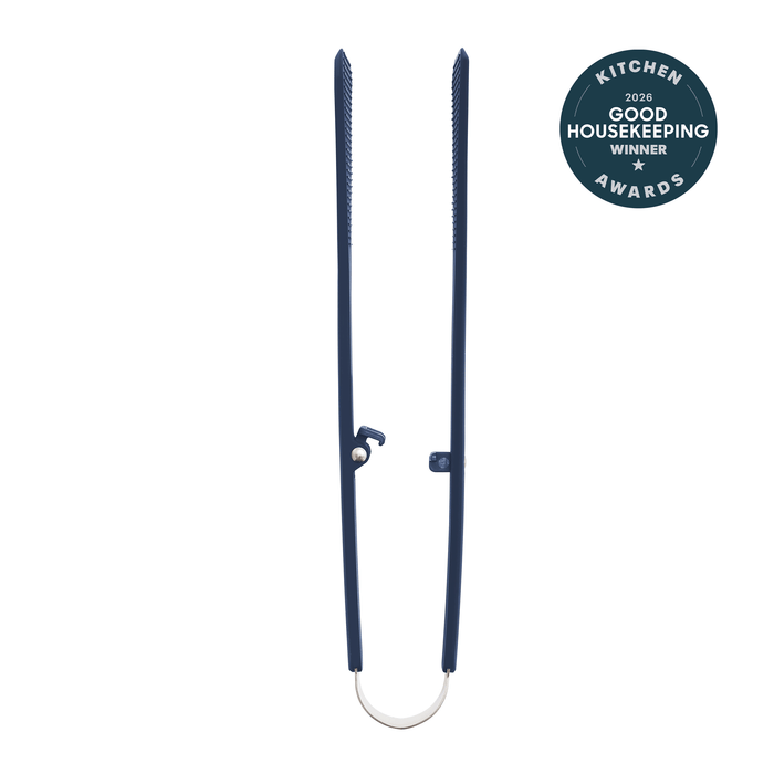 Blue silicone kitchen tongs with a wide grip and anti-slip handle, shown next to a 2026 award badge.