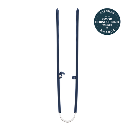 Blue silicone kitchen tongs with a wide grip and anti-slip handle, shown next to a 2026 award badge.