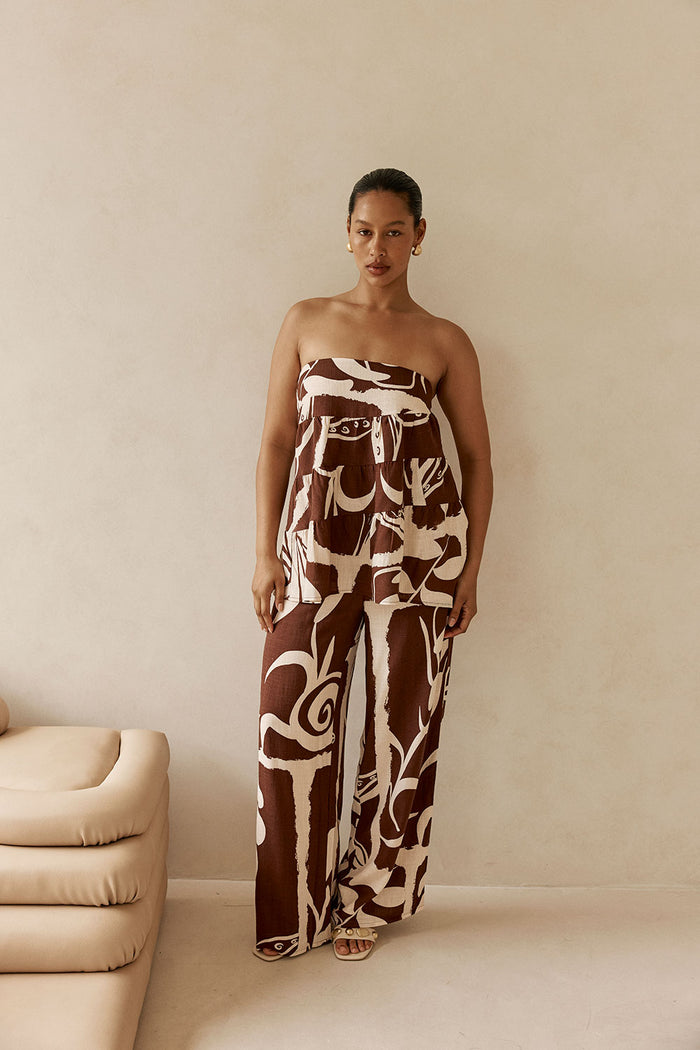 Brown and Cream Painted Tiles Print Presley Pants