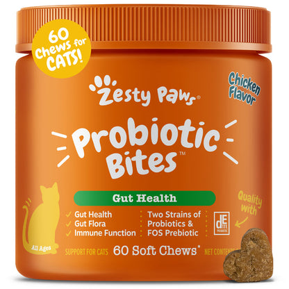 Orange jar of Zesty Paws Probiotic Bites for cats in chicken flavor, containing 60 soft chews.