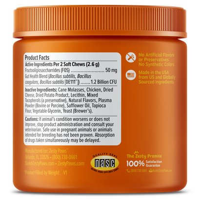 Orange jar of probiotic soft chews for cats with product facts label and ingredient list visible on front.