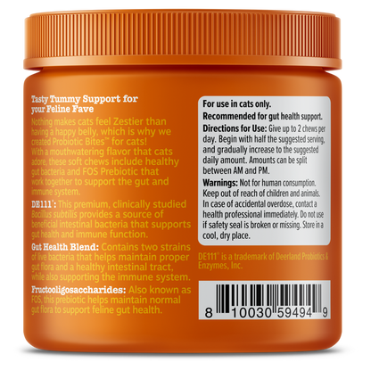 Orange jar of probiotic cat treats with ribbed lid and product information label on front.
