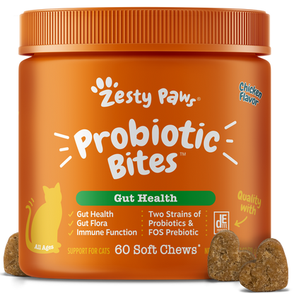 Orange jar of Zesty Paws Probiotic Bites for cats with chicken flavor, containing 60 soft chews, surrounded by three brown bi