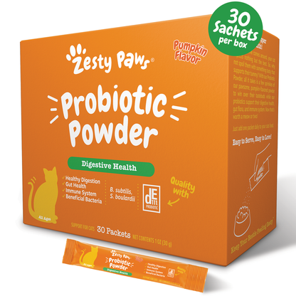 Zesty Paws Probiotic Powder for cats in orange box with pumpkin flavor, containing 30 sachets for digestive health.