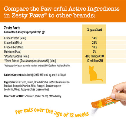 Orange packet of probiotic powder with nutritional information and yellow cat silhouette graphic.