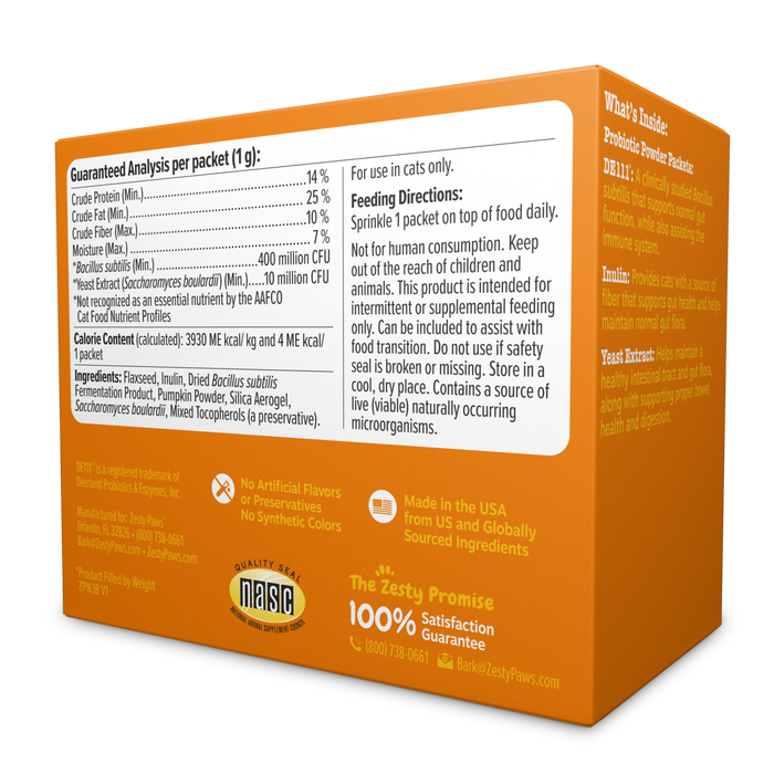 Orange box of probiotic powder for cats with nutritional information, feeding directions, and ingredients listed on white lab